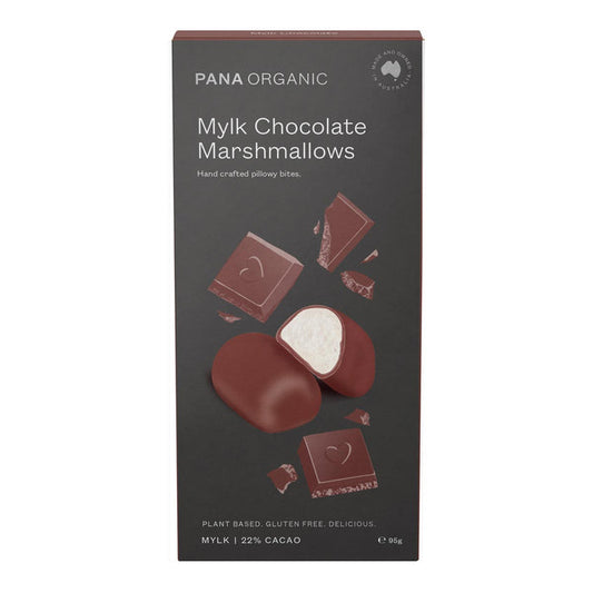 Pana Organic Mylk Chocolate Marshmallows packaging on a white background.