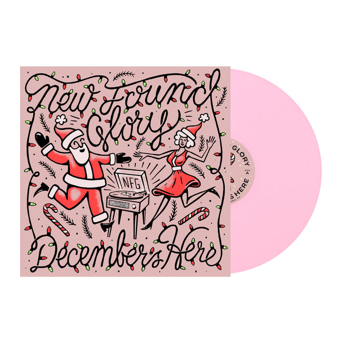 A light pink vinyl record peeks from an illustrated sleeve with Santa and a woman dancing by a record player. Festive décor frames the New Found Glory Decembers Here title. Includes folded poster inside. Brand: New Found Glory.