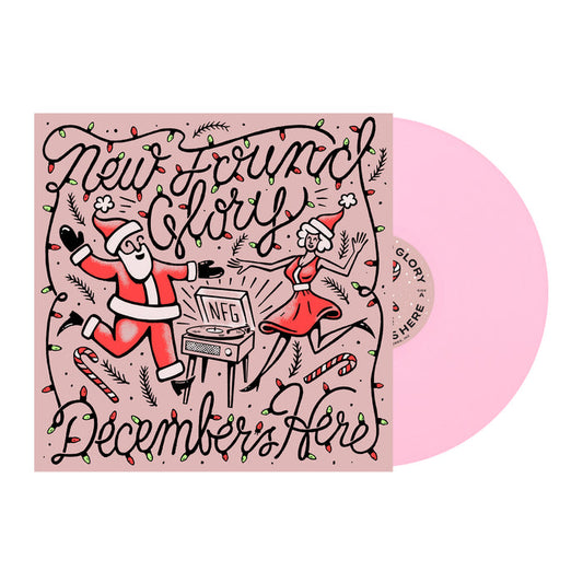 A light pink vinyl record peeks from an illustrated sleeve with Santa and a woman dancing by a record player. Festive décor frames the New Found Glory Decembers Here title. Includes folded poster inside. Brand: New Found Glory.