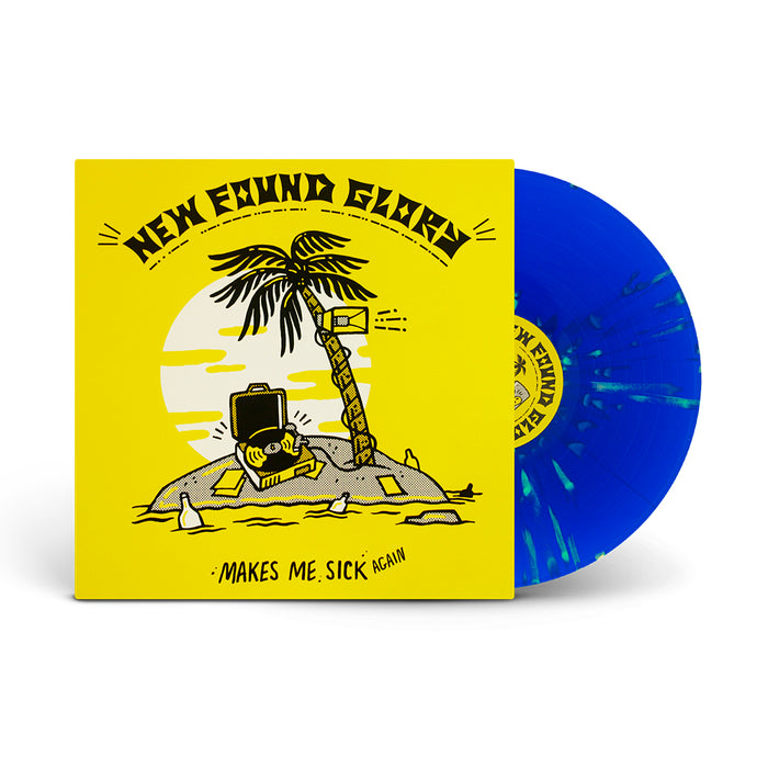 A bright yellow album cover featuring New Found Glory and Makes Me Sick Again shows a suitcase under a palm tree on an island, alongside a limited edition blue marbled vinyl partially visible from its sleeve.