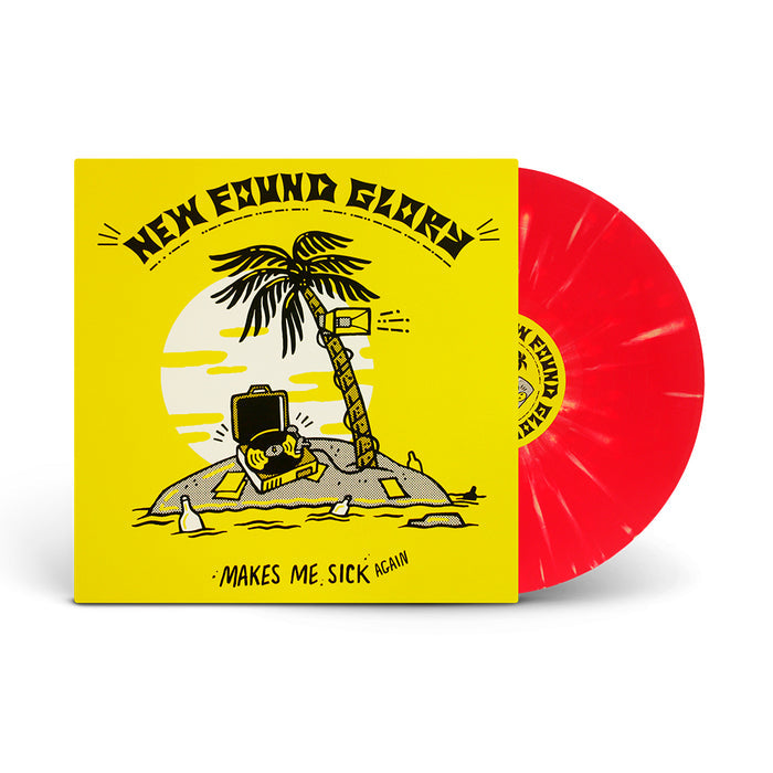 A red marbled vinyl record slides out from a yellow cover with a TV and palm tree illustration. This limited edition New Found Glory release, Makes Me Sick Again, is shown partly exposed on the album art.
