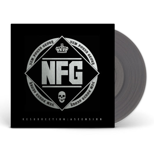 A vinyl record partially out of its sleeve. The black cover displays a bold silver NFG, crown, skull, and the words New Found Glory and From The Screen To Your Stereo. At the bottom is Resurrection: Ascension Opaque Silver Vinyl. Brand: New Found Glory.