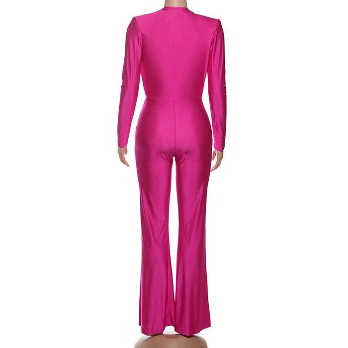 New Women's Fashion Sexy Deep V Long Sleeve Slim Fit Flared Jumpsuit