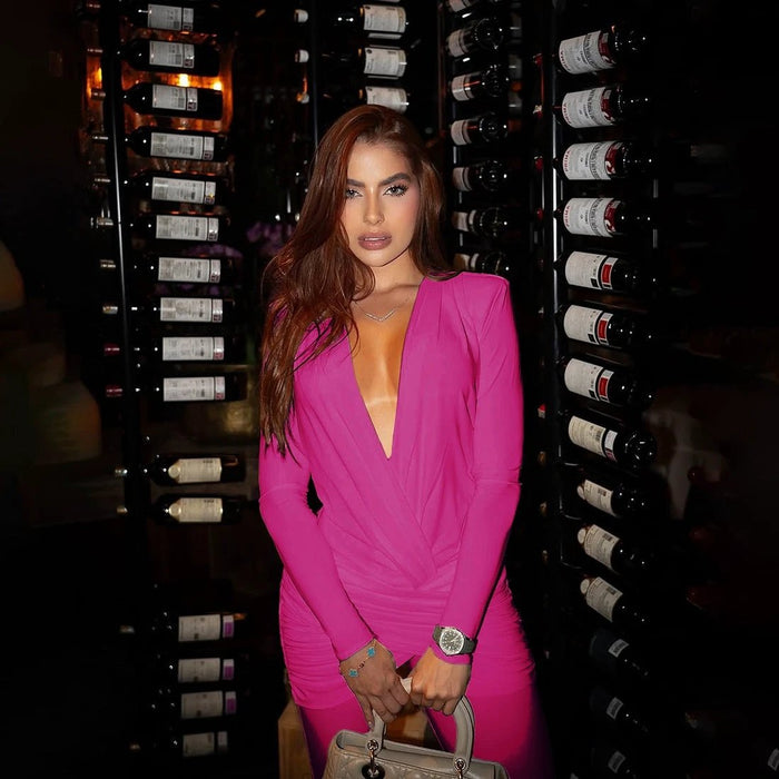 New Women's Fashion Sexy Deep V Long Sleeve Slim Fit Flared Jumpsuit