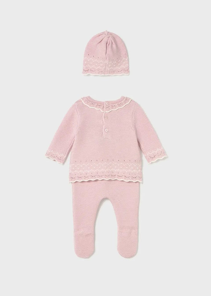 Mayoral baby girl knit outfit set shown flat with matching sweater, pants, and hat.