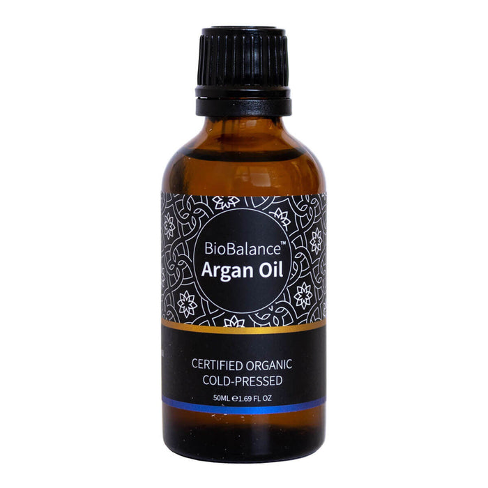 50ml amber bottle of BioBalance Certified Organic Argan Oil, high in vitamin E and is very moisturising, quickly absorbed, a natural antioxidant and anti-inflammatory.