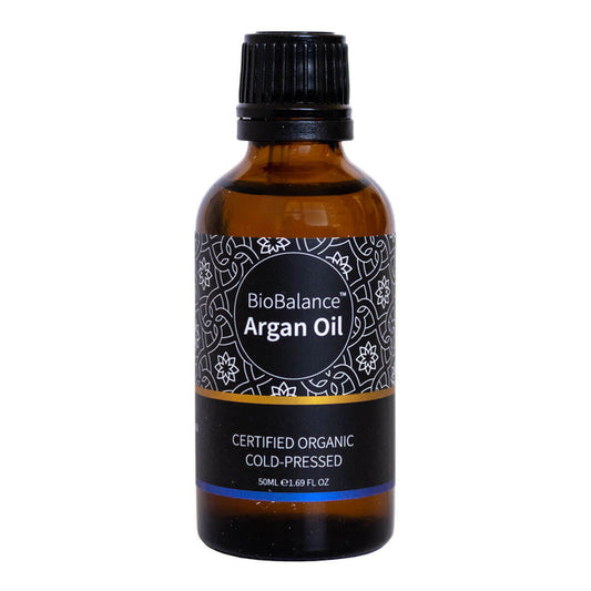 50ml amber bottle of BioBalance Certified Organic Argan Oil, high in vitamin E and is very moisturising, quickly absorbed, a natural antioxidant and anti-inflammatory.