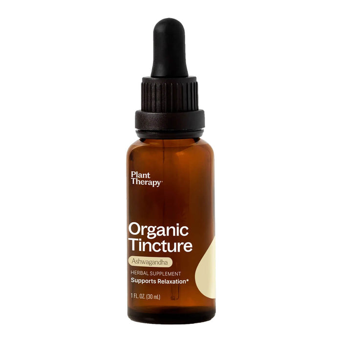 Front of dropper bottle of ashwagandha organic herbal supplement.