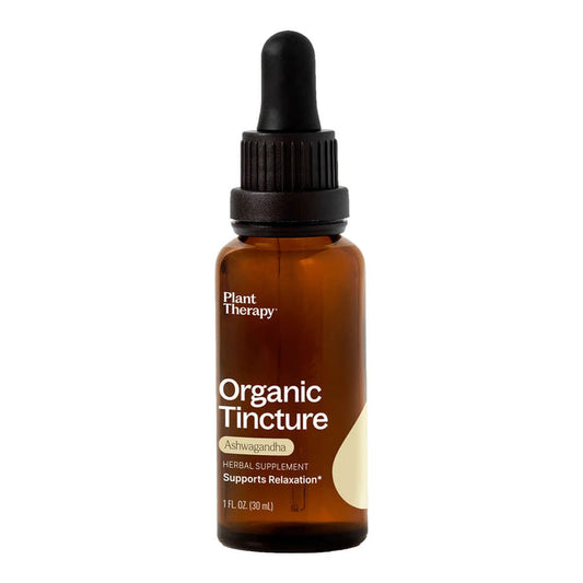 Front of dropper bottle of ashwagandha organic herbal supplement.
