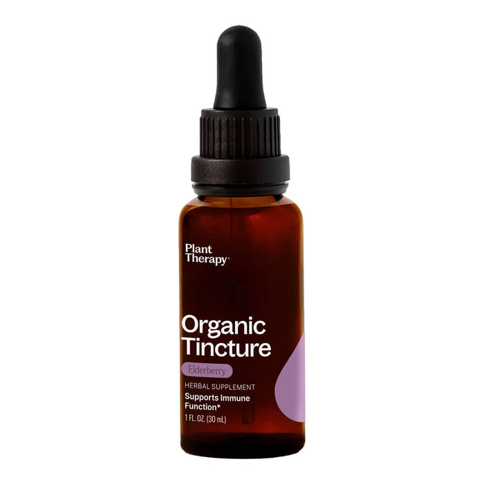 Front of dropper bottle of elderberry organic herbal supplement.