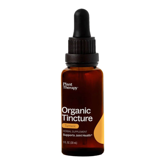 Front of dropper bottle of turmeric organic herbal supplement.