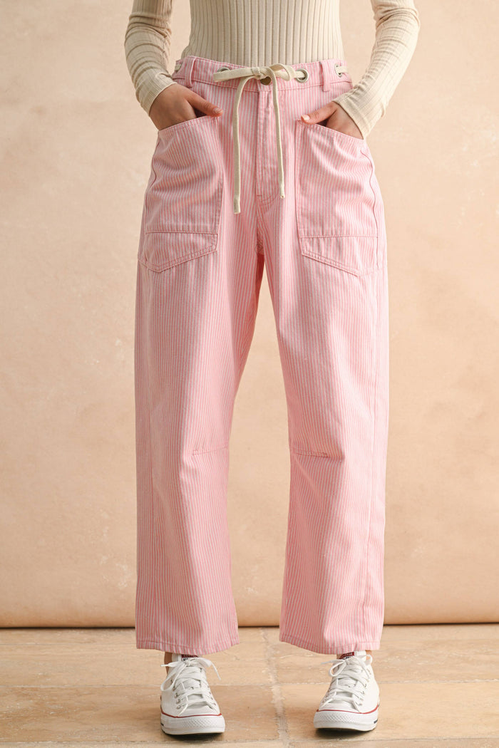 P5496   STRIPED BARREL PANTS WITH TIED IN FRONT