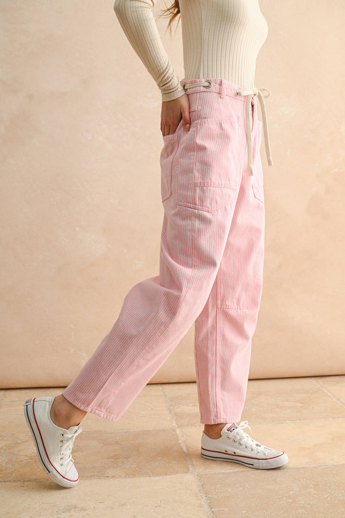 P5496   STRIPED BARREL PANTS WITH TIED IN FRONT
