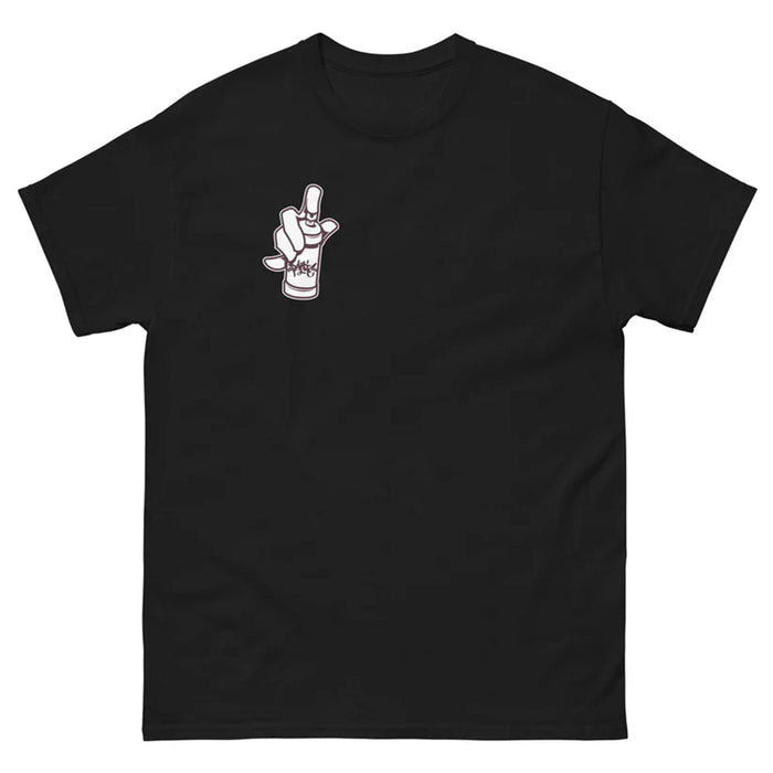 Panic 39 music brand the artist design on a black tshirt with a white logo print.