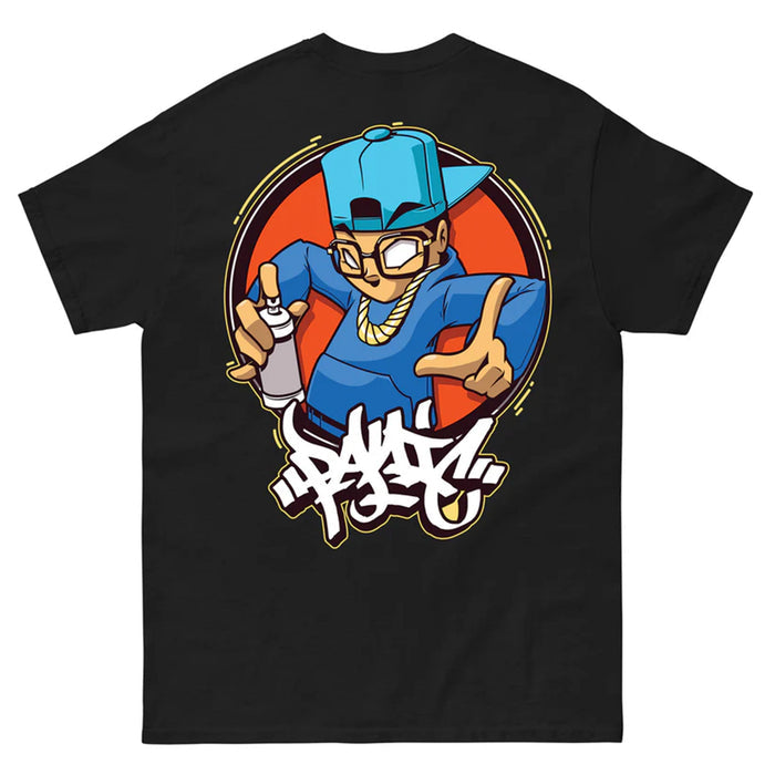 the back of a Panic 39 music brand "artist design" tshirt in all black with a print of a hip hop chracter.