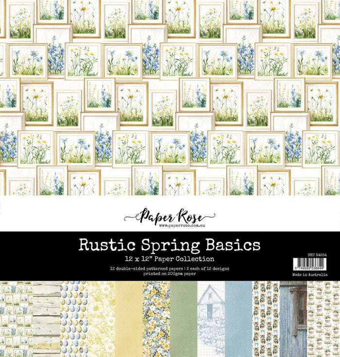 Paper Rose - 12X12 Paper Collection - Rustic Spring Basics. 12x12" 12 double-sided patterned papers. Available at Embellish Away located in Bowmanville Ontario Canada.