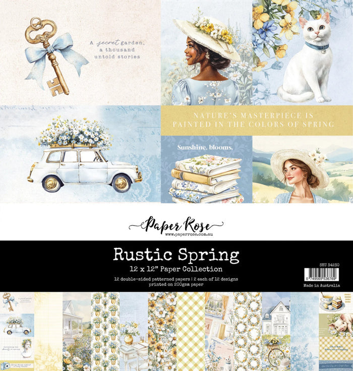 Paper Rose - 12X12 Paper Collection - Rustic Spring. 12 double-sided patterned papers 200gsm. Available at Embellish Away located in Bowmanville Ontario Canada.