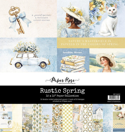 Paper Rose - 12X12 Paper Collection - Rustic Spring. 12 double-sided patterned papers 200gsm. Available at Embellish Away located in Bowmanville Ontario Canada.