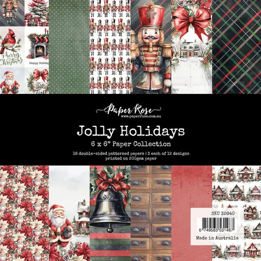 Paper Rose Studio - 6x6 Paper Collection - Jolly Holidays. Traditional Christmas images such as nutcrackers, Santa, plaids, cozy homes, beautiful poinsettias, cardinals and jingling bells. Perfect for creating beautiful and festive holiday crafts. Available at Embellish Away located in Bowmanville Ontario Canada.