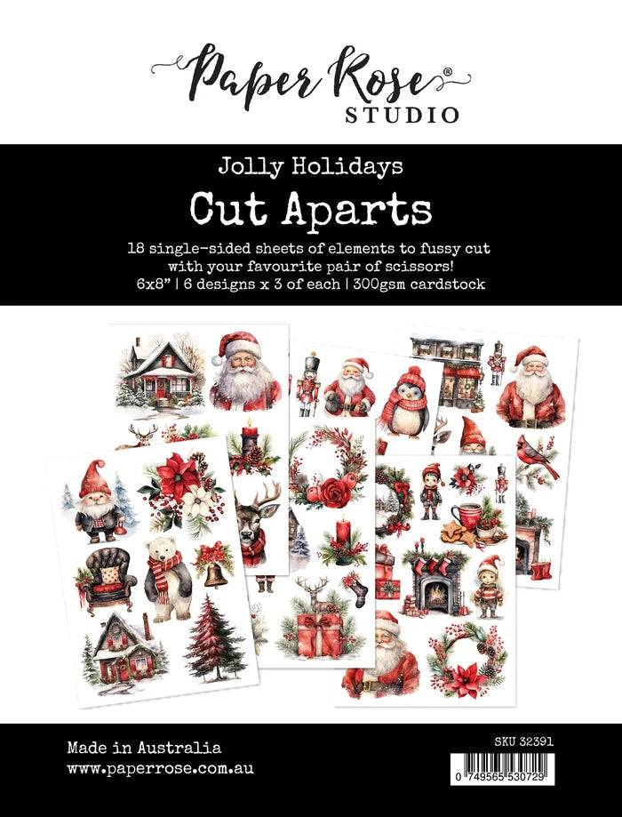 Paper Rose Studio - Cut Aparts Paper Pack - Jolly Holidays. Expertly curated for the festive holiday season, the Jolly Holidays Collection showcases a classic red and green color palette with touches of black and features traditional Christmas images. Available at Embellish Away located in Bowmanville Ontario Canada.