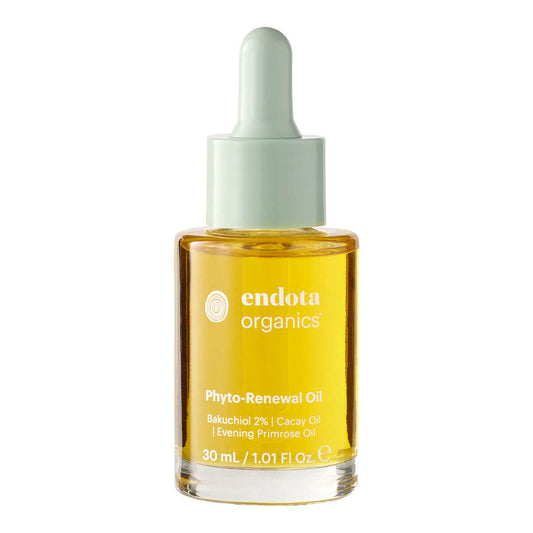 A 30ml glass dropper bottle of endota Phyto Renewal Oil. The bottle is shown with its label facing the viewer, highlighting its key features: a retinol-alternative oil with 2% bakuchiol, cacay oil, and evening primrose oil. The background is white, emphasising the bottle’s sleek design and its role in delivering anti-aging benefits without irritation.
