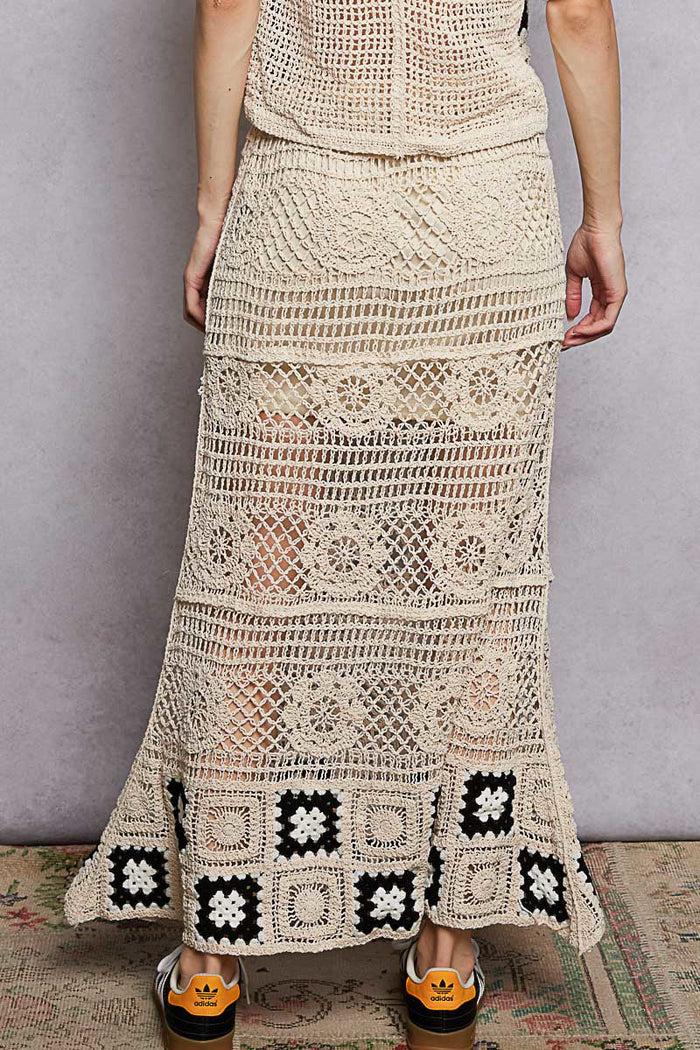 POL Floral Crochet Ruffled Waistband Maxi Skirt with Granny Square Weave