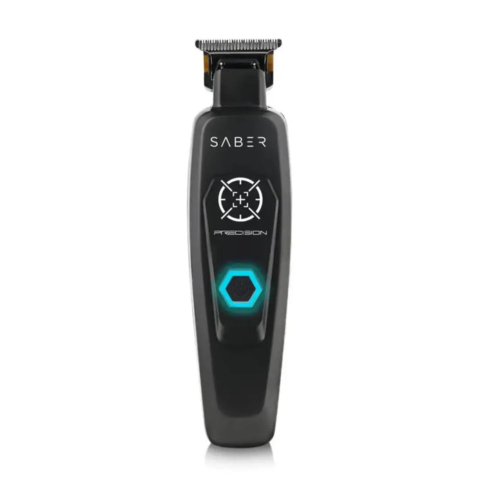 A black Precision Saber digital brushless motor hair trimmer with a visible blue light ring around the power button.