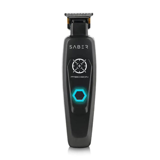 A black Precision Saber digital brushless motor hair trimmer with a visible blue light ring around the power button.