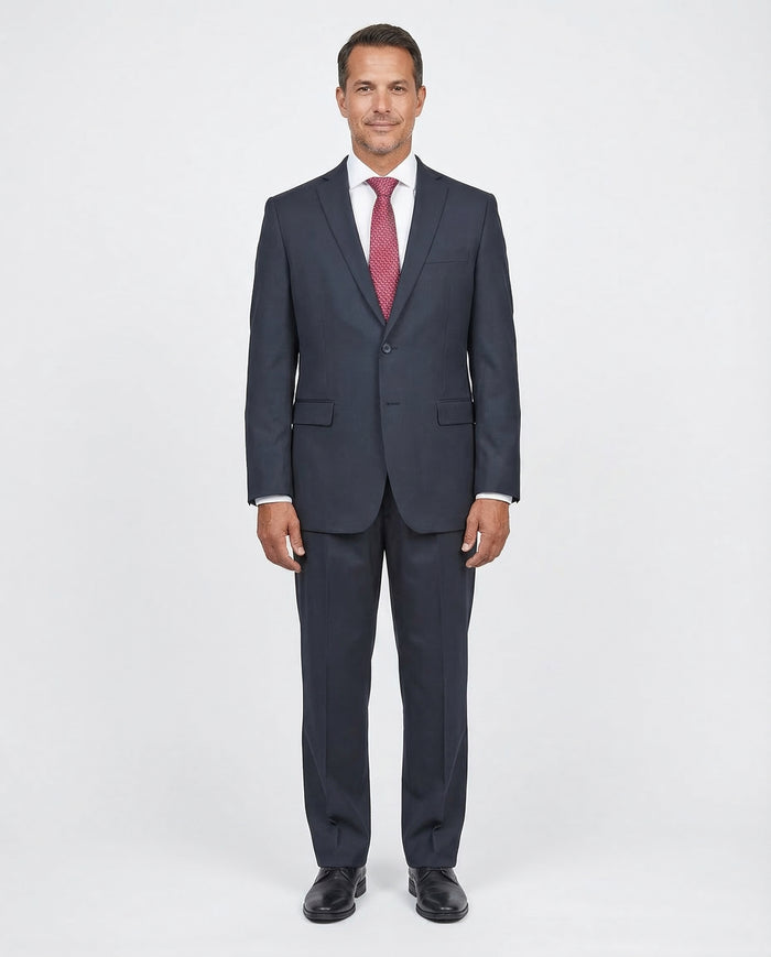 Private Label Solid Black Regular Fit 100% Wool 2 Piece Suit With Pleated Pants - The Suit Depot