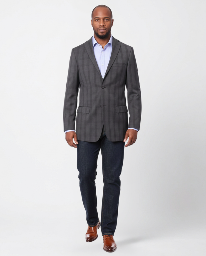 Prontomoda Men's Gray Plaid 100% Wool Slim Fit Blazer Sport Coat