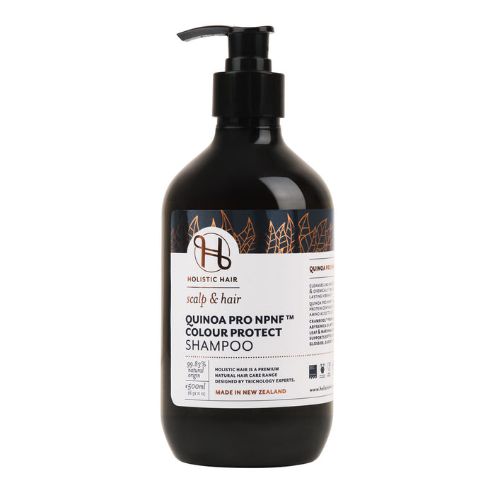 Holistic Hair Quinoa Pro NPNF Colour Protect Shampoo in a 500ml pump bottle.
