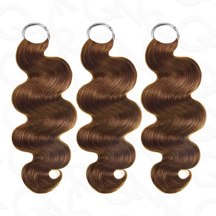 Auburn brown crochet hair extensions in body wave texture, 100% human hair, color #30, machine made, 14-24 inches length.