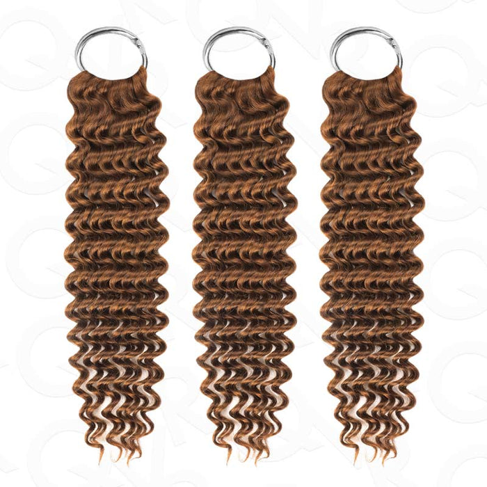 Auburn brown deep wave crochet hair extensions in #30, featuring machine-made human hair with feather texture, ideal for versatile styling.