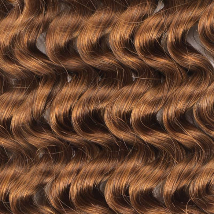 Auburn brown deep wave crochet human hair extension, #30 color, machine made, 100% human hair, close-up texture image.