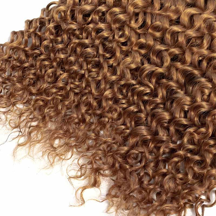 Auburn brown small kinky curly human crochet hair extension, perfect for versatile styling.