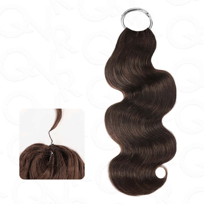 Dark brown body wave crochet hair extension, human hair, showing texture and application close-up.