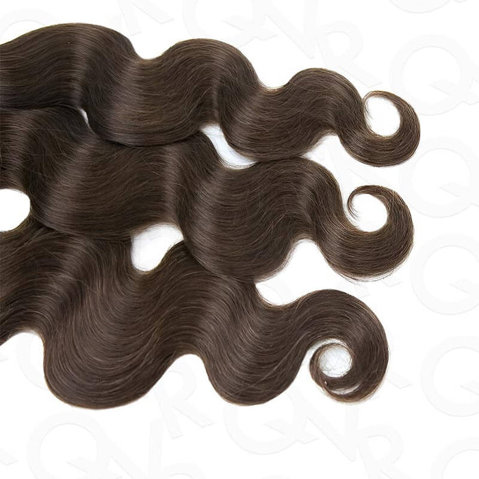 Dark brown body wave crochet human hair extensions in feather texture, made from 100% human hair, showcasing smooth waves.