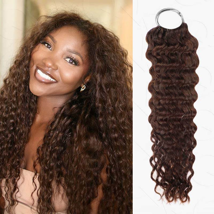 Dark brown body wave human crochet hair extension with a smiling woman showcasing the hairstyle.