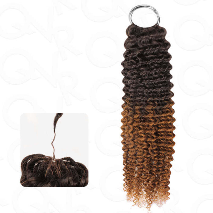 Small kinky curly crochet human hair extension in #T2/30 color, showcasing natural wave texture, machine made, and feather lightweight.