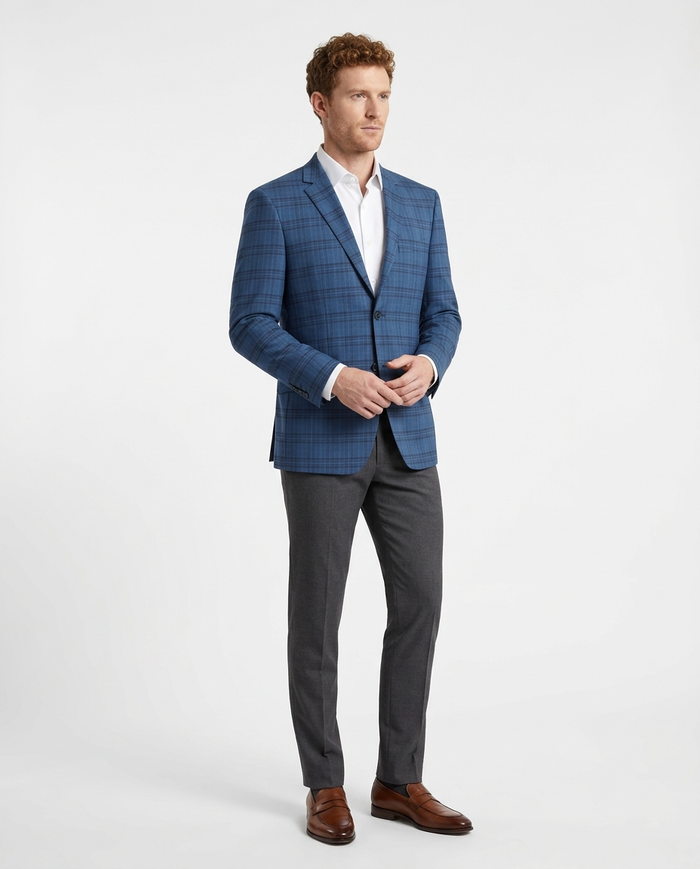 Raphael Mens Blue Plaid Slim Fit 2 Button Stretch Blazer Sportcoat