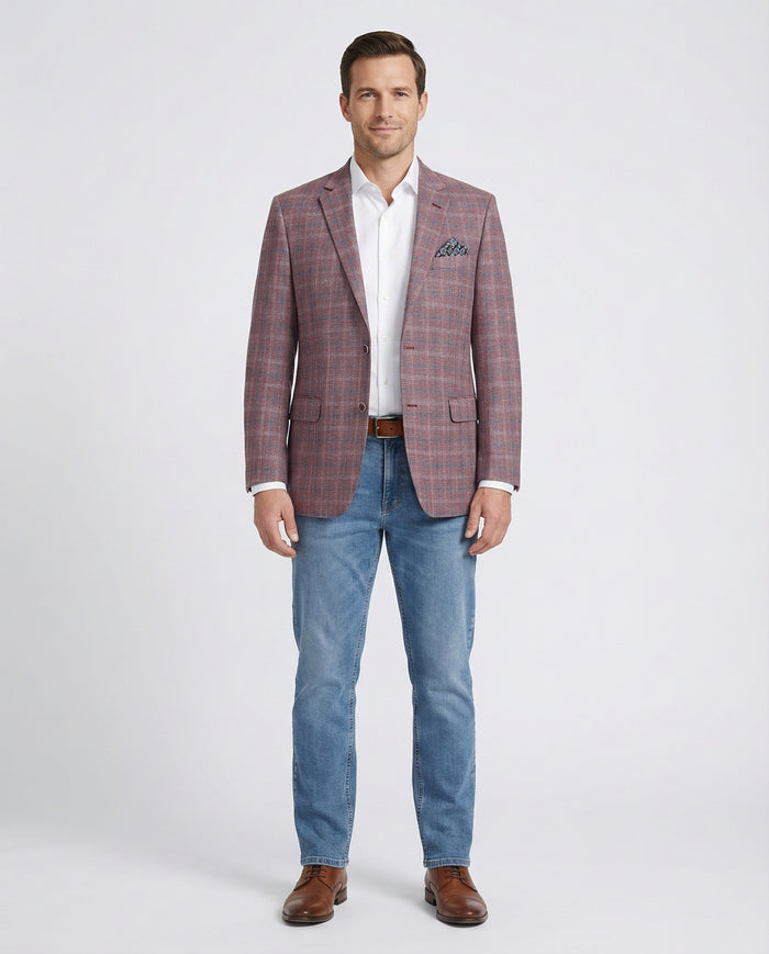 Raphael Mens Burgundy Plaid Classic Fit 2 Button Stretch Blazer Sportcoat