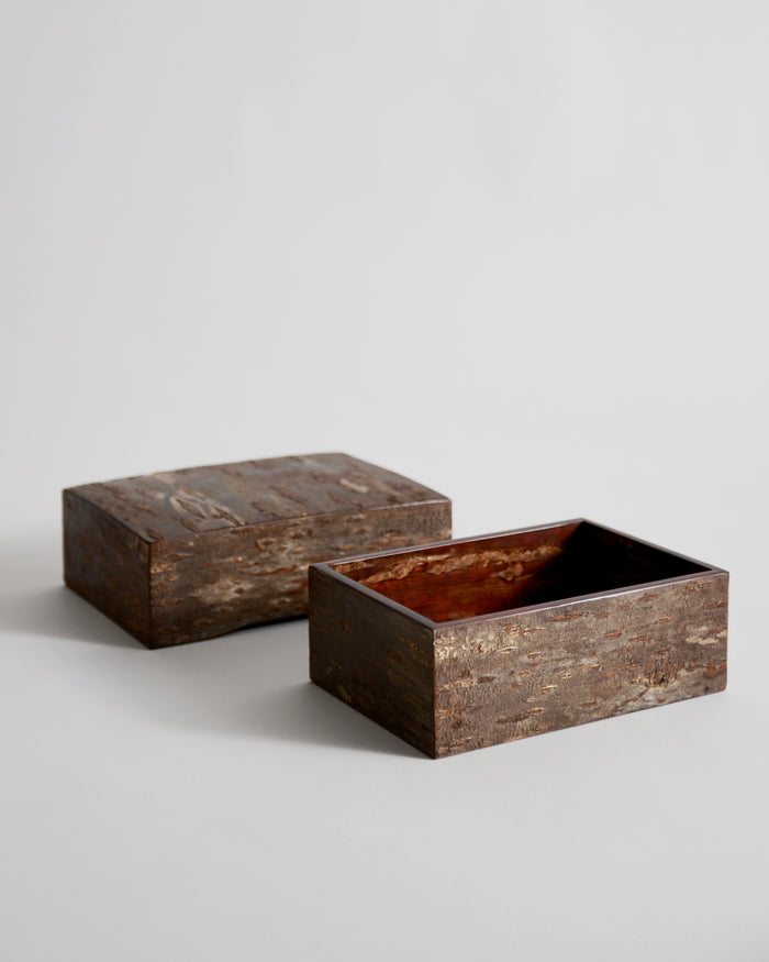 Open wooden large box with lid by Denshiro on a light gray background