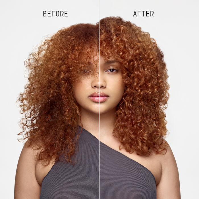 Before and after split image showing frizz reduction and curl enhancement on textured red hair after using Cécred Reconstructing Treatment Mask