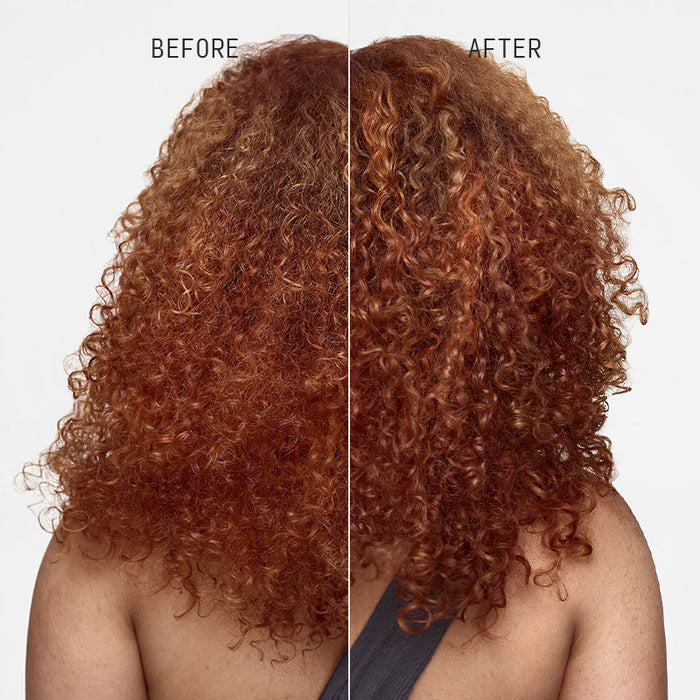 Before and after rear view split image showing improved curl definition and vibrancy on red curly hair after using Cécred Reconstructing Treatment Mask
