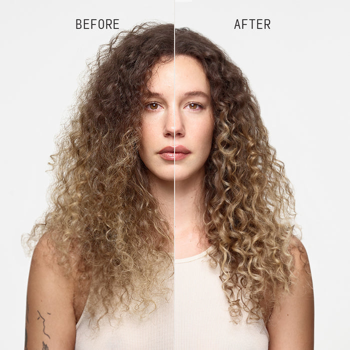 Before and after split image showing frizz to defined ringlets transformation on blonde curly hair after using Cécred Reconstructing Treatment Mask