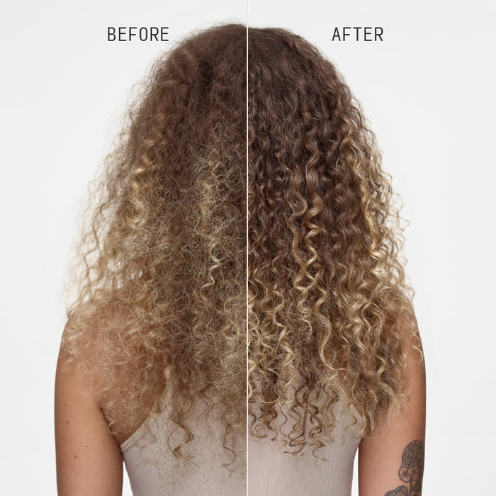 Before and after rear view split image showing smoother, more defined curls and restored vibrancy on blonde coily hair after using Cécred Reconstructing Treatment Mask