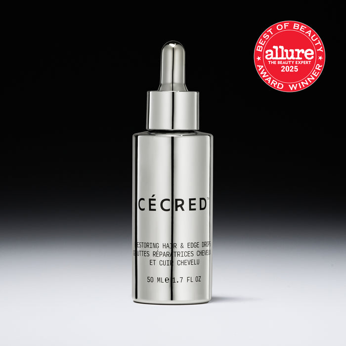 Cécred Restoring Hair & Edge Drops 50ml silver dropper bottle against a gradient grey background with Allure Best of Beauty 2025 Award Winner badge
