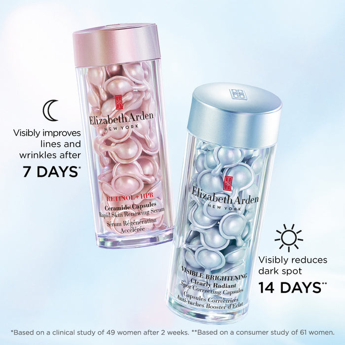Retinol HPR Capsules is for nighttime which visibly improves lines and wrinkles after 7 days* Visible Brightening Capsules is for daytime which visibly reduces dark spot in 14 days** *Based on a clinical study of 49 women after 2 weeks. **Based on a consumer study of 61 women.