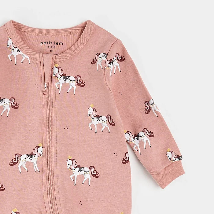 Close-up of royal horses print and two-way zipper on organic cotton baby sleeper