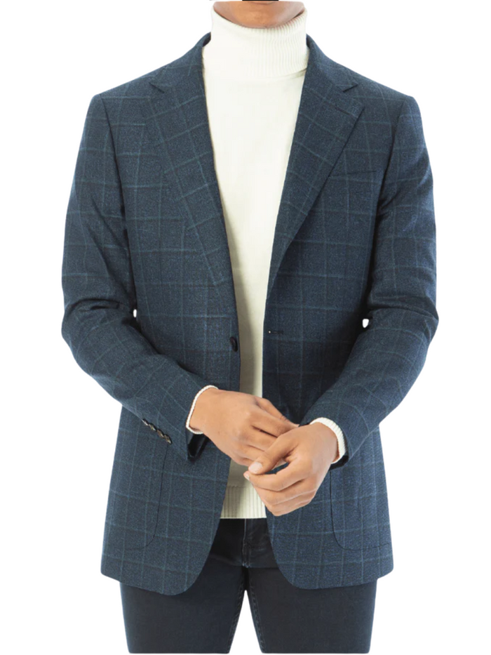 Sartoria Mazara Mens Classic Fit Blue With Green Check 2 Button Blazer Sportcoat - The Suit Depot
